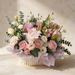 Front view of the Heartfelt fresh flower basket of pink roses and lilies