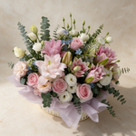 Top view of the Heartfelt fresh flower basket of pink roses, lilies and eustoma