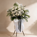 Front view of the Heavenly all-white funeral flower stand