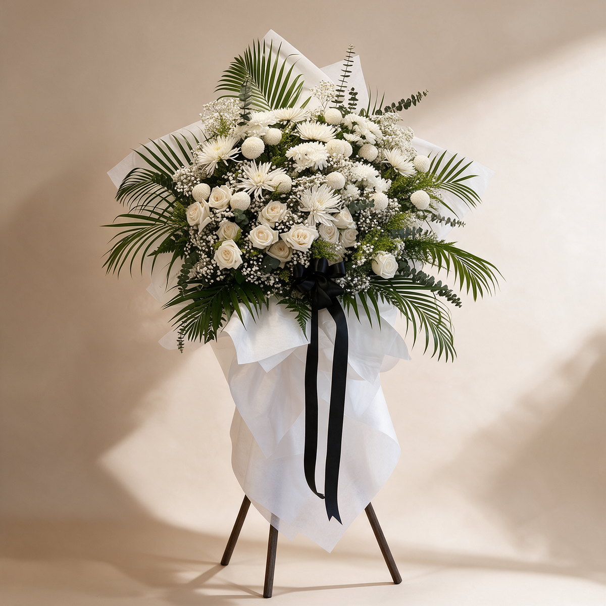 Front view of the Heavenly all-white funeral flower stand