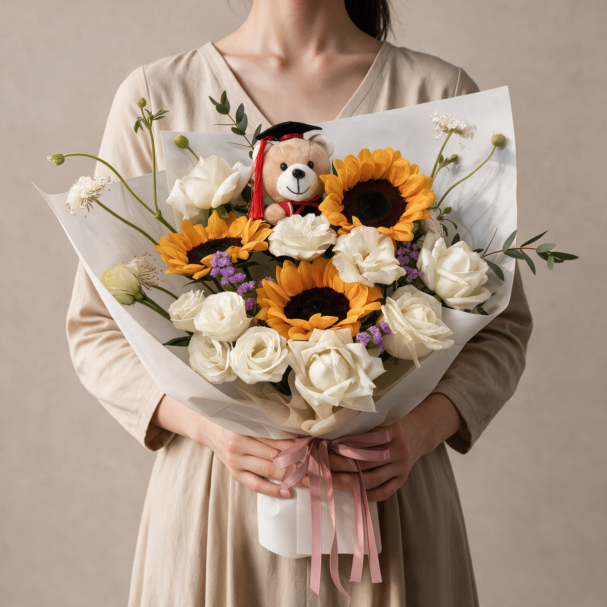 Woman holding the Laurels fresh flower graduation bouquet with a Convo Bear