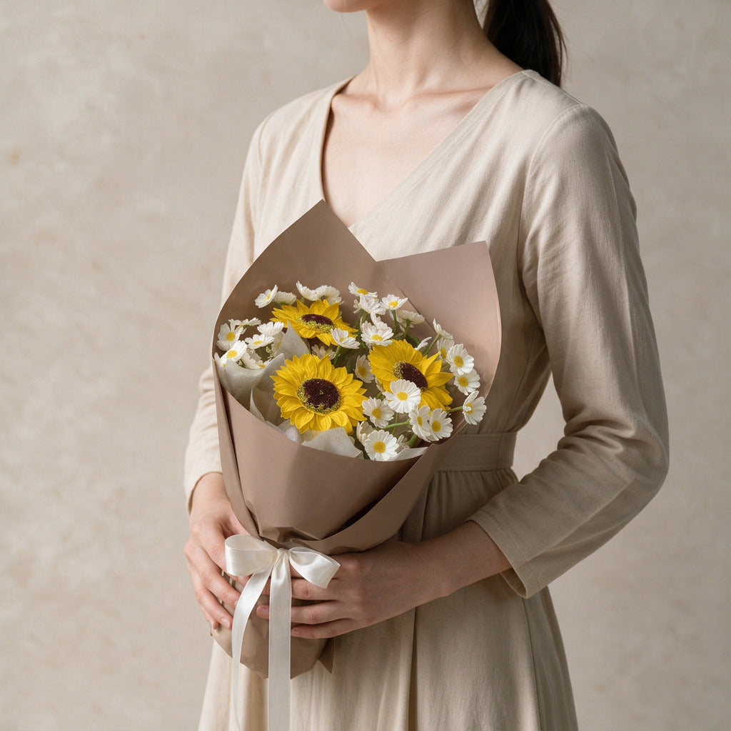 Woman holding the Little Sunshine soap flower graduation bouquet