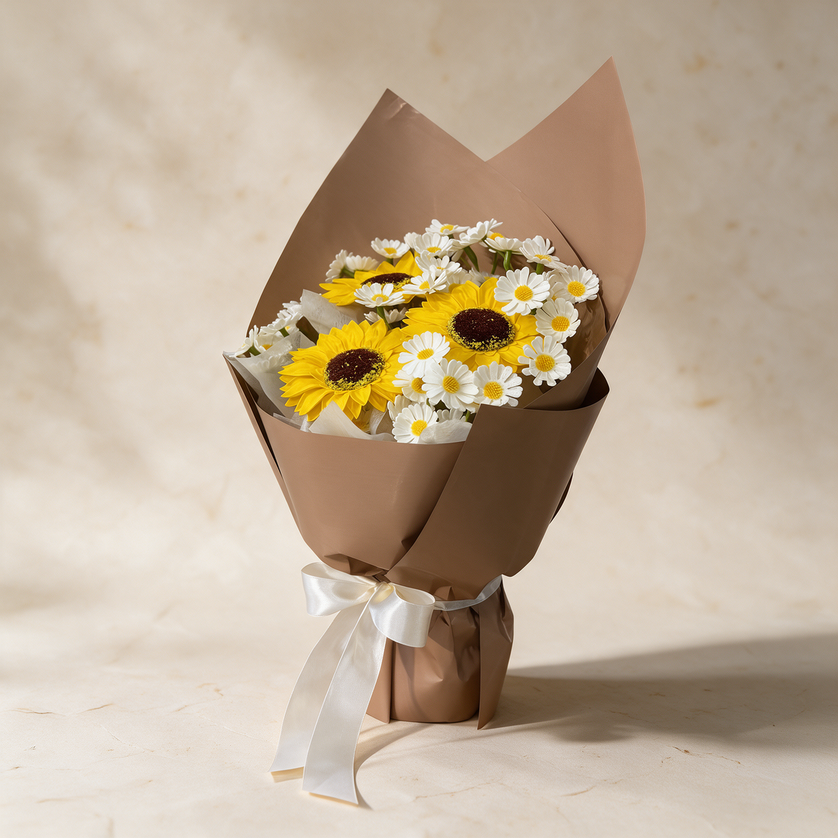 Side view of the Little Sunshine soap flower bouquet