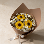 Top view of the Little Sunshine soap flower bouquet of sunflowers and chamomile