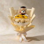 Milestone soap flower bouquet of sunflowers and cream roses with a Convo Bear