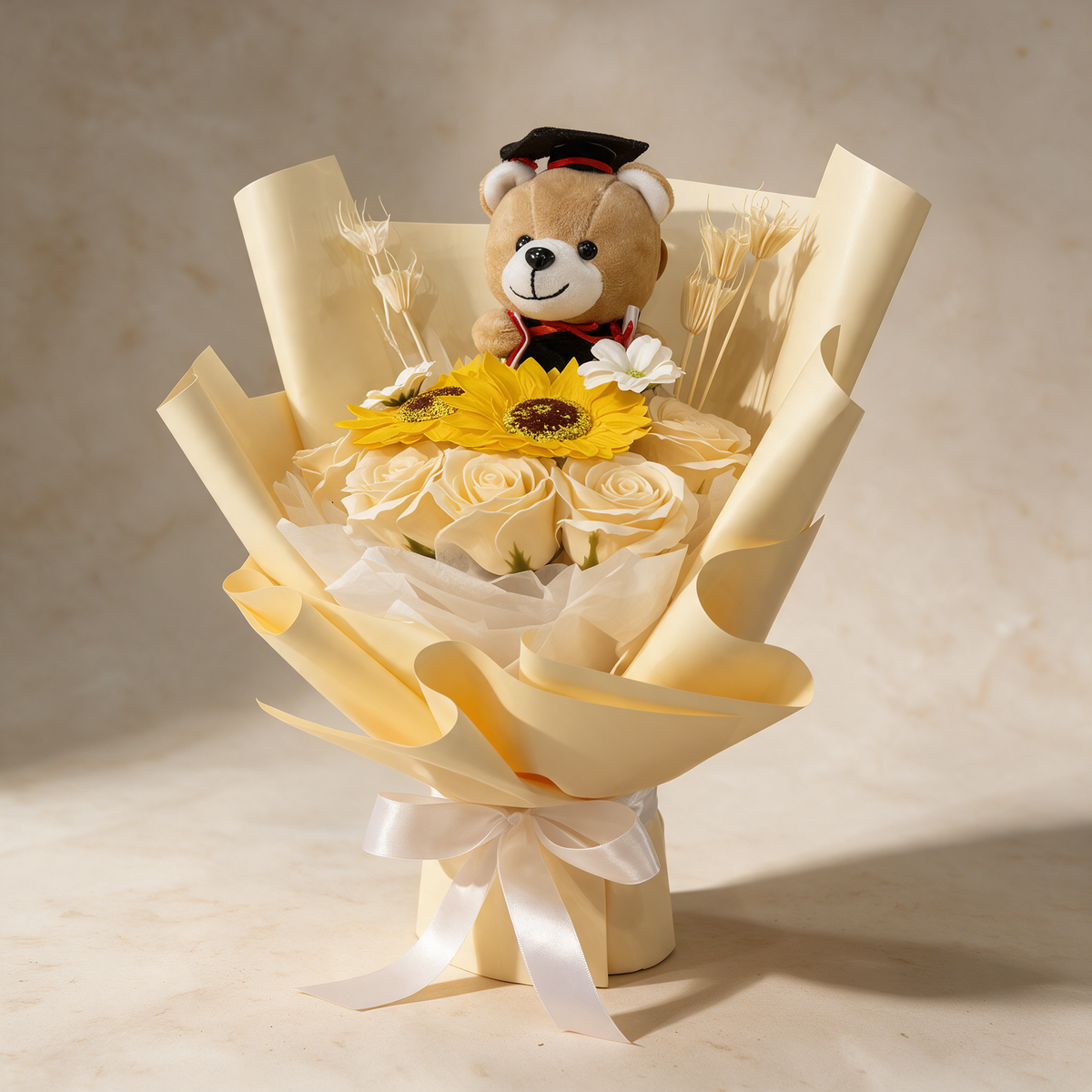 Side view of the Milestone soap flower bouquet with a Convo Bear