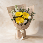 Next Chapter fresh flower bouquet of yellow gerbera daisies, matthiola and eustoma