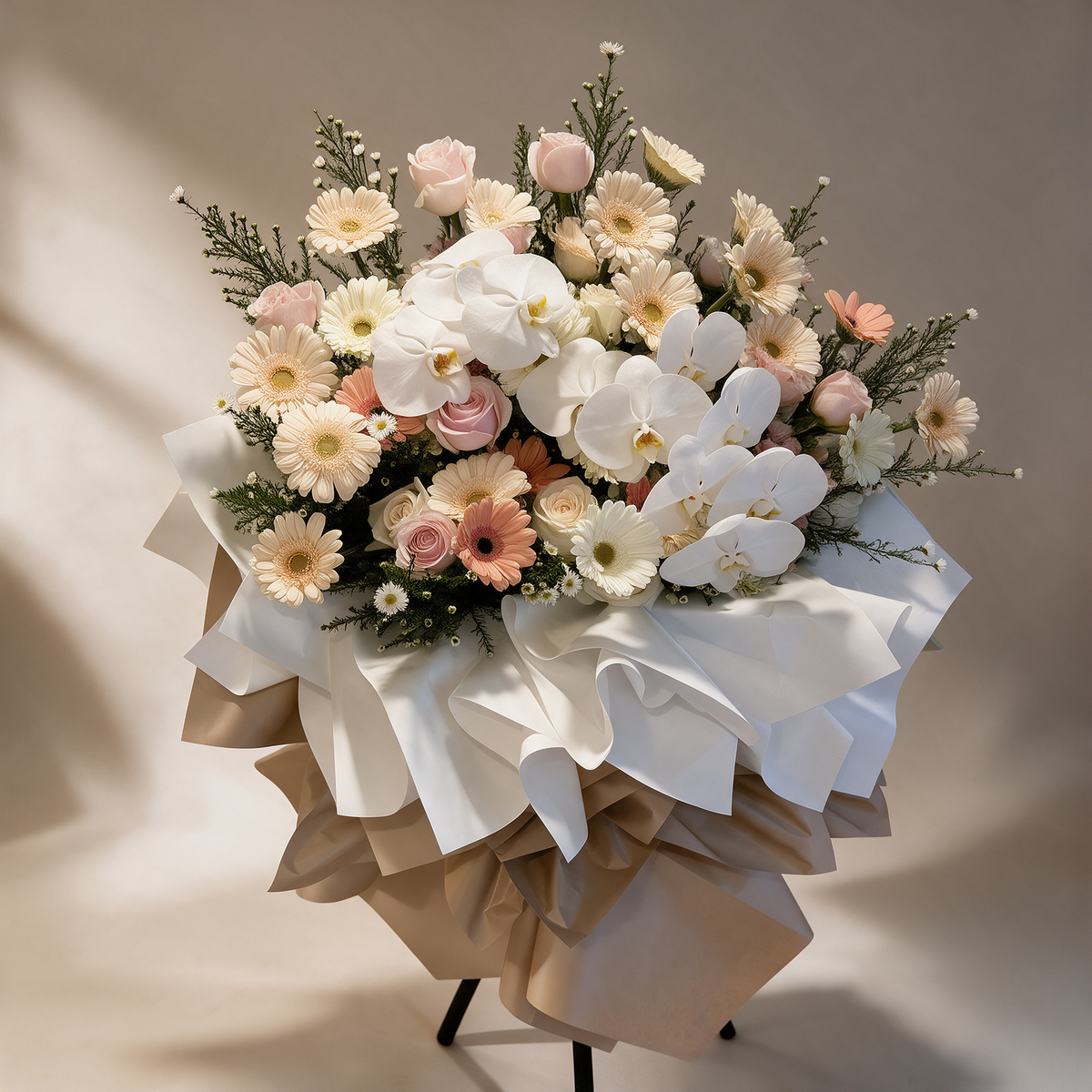 Close-up of the Prosperity grand opening flower stand of gerberas, roses and white orchids