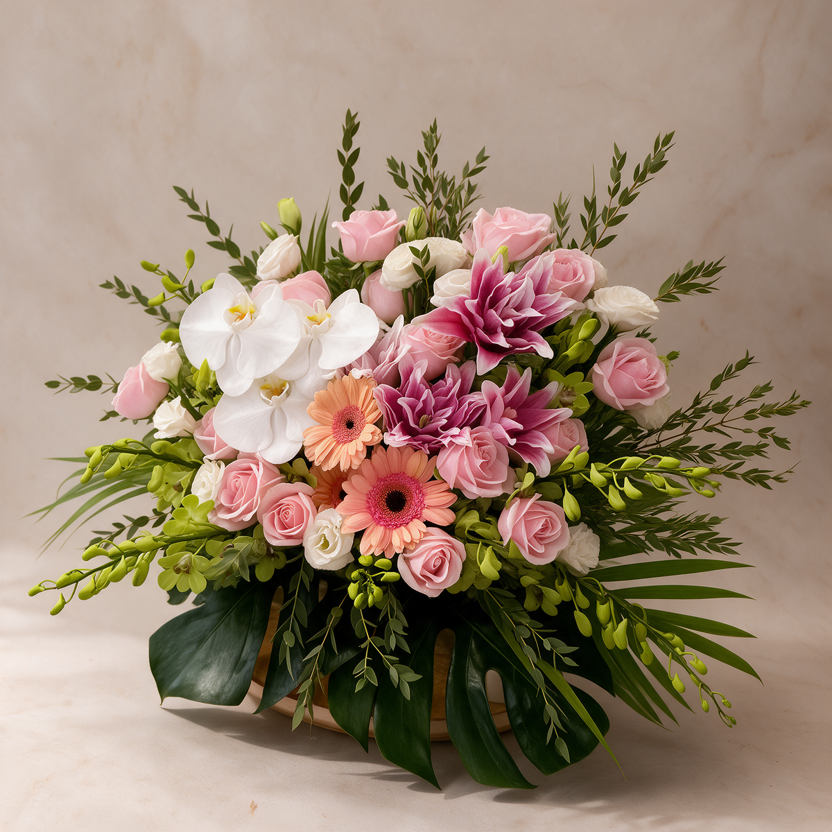 Side view of the Radiance fresh flower basket with green dendrobium orchids