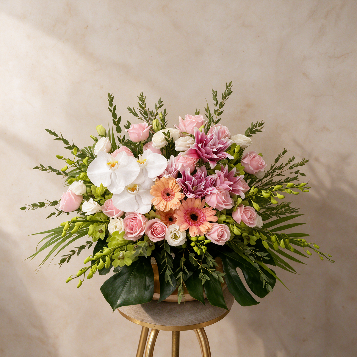 Display view of the Radiance fresh flower basket on a side table