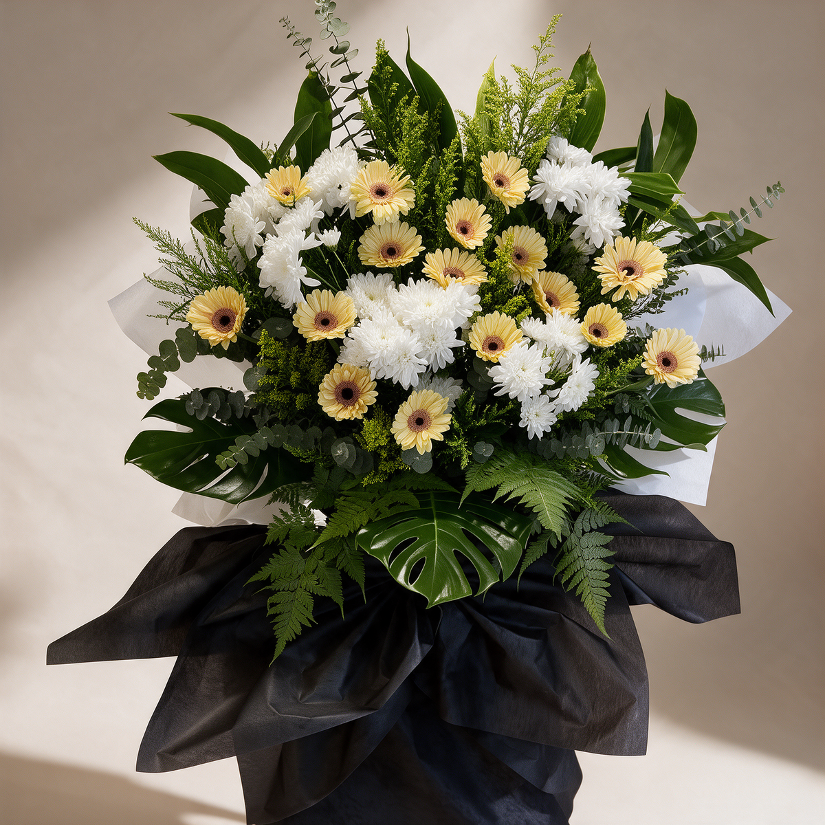 Close-up of the Remembrance condolence flower stand of cream daisies and white chrysanthemums