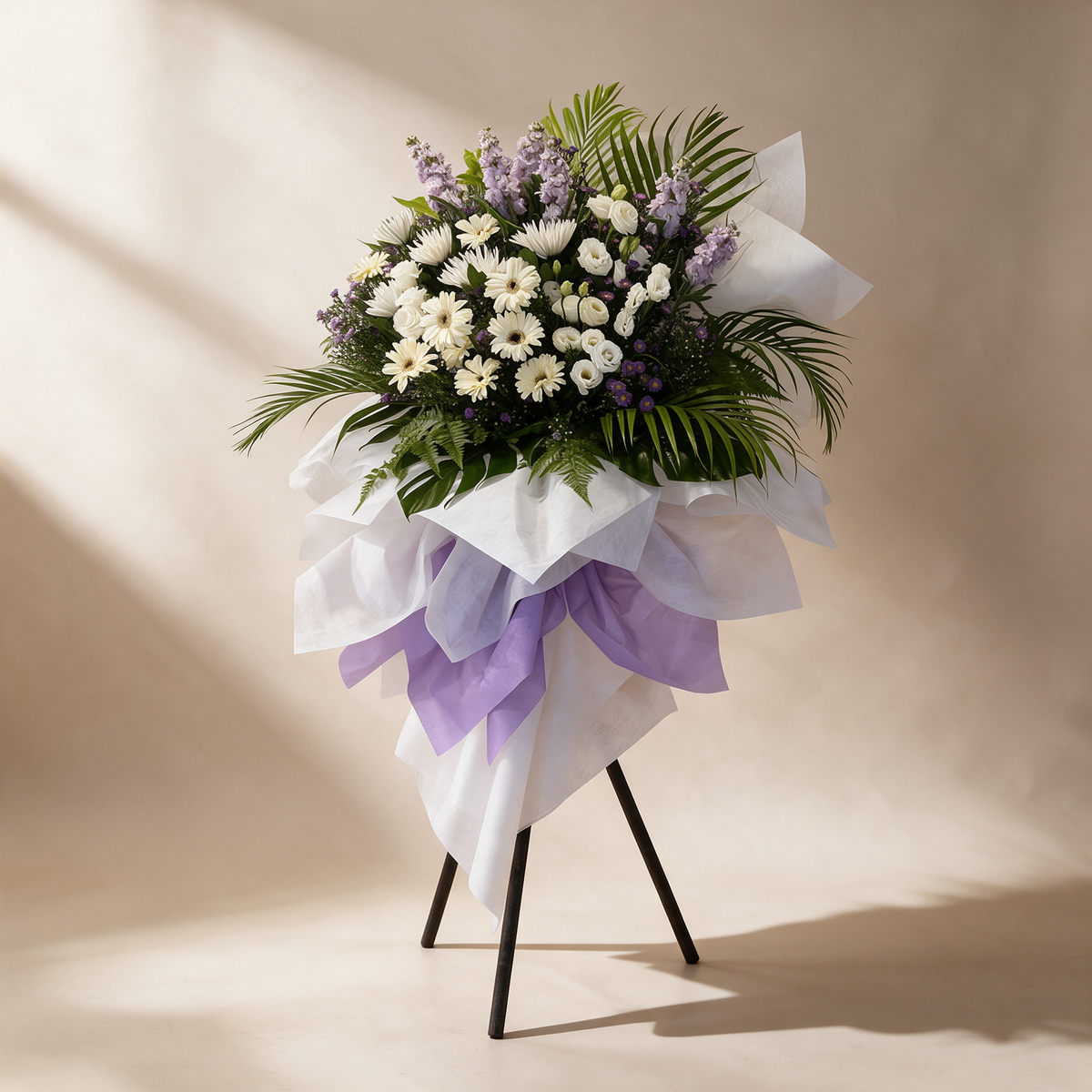 Side view of the Reverence white funeral flower stand