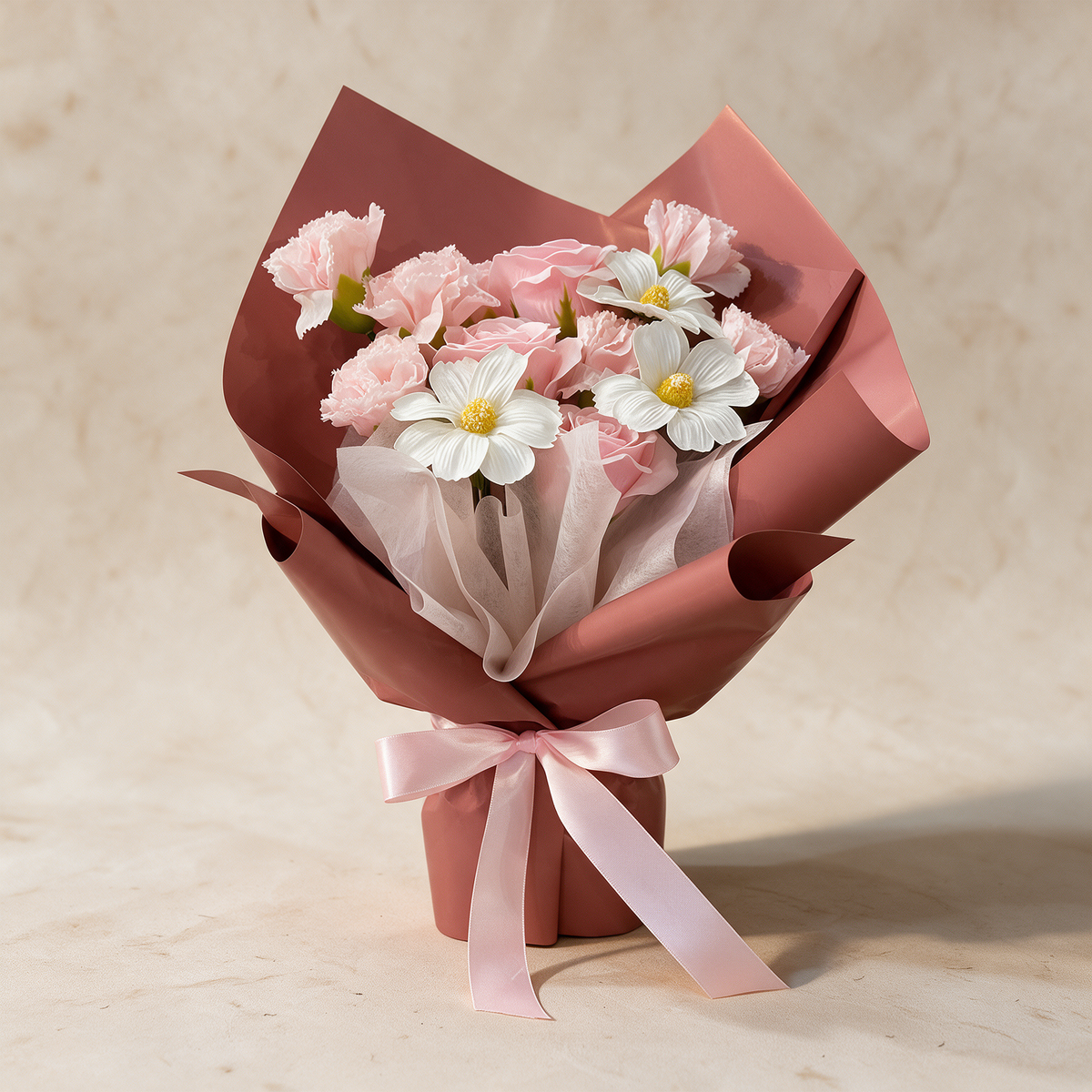 Rosie soap flower bouquet of pink carnations, roses and white cosmos
