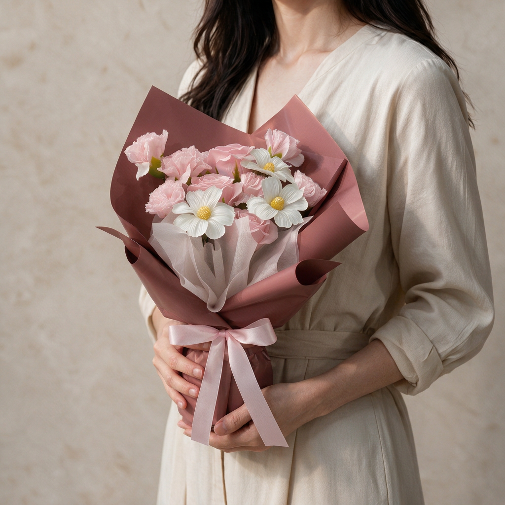 Woman holding the Rosie pink soap flower bouquet