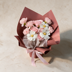 Top view of the Rosie soap flower bouquet of pink carnations and roses