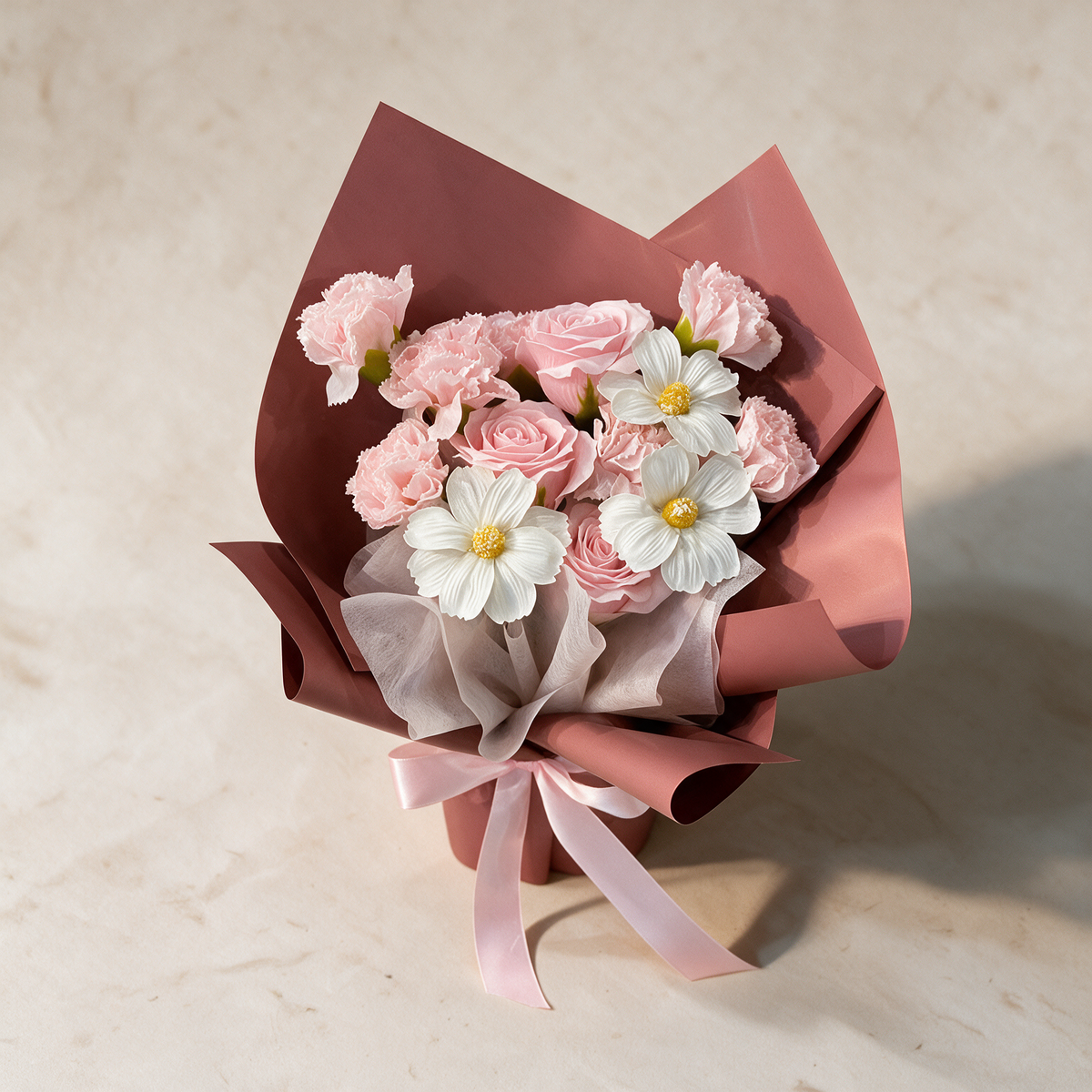 Top view of the Rosie soap flower bouquet of pink carnations and roses