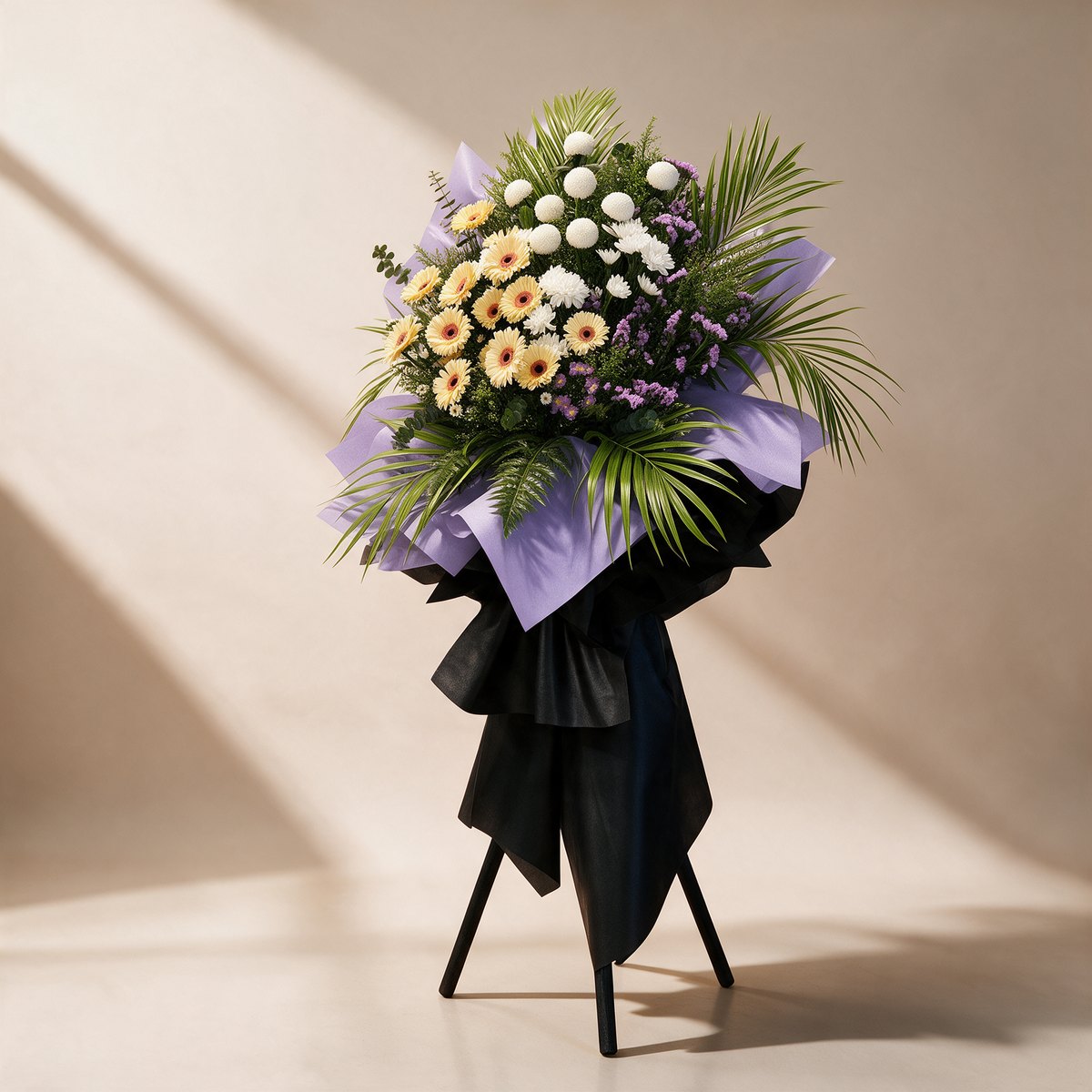 Side view of the Serenity funeral flower stand of gerberas and chrysanthemums
