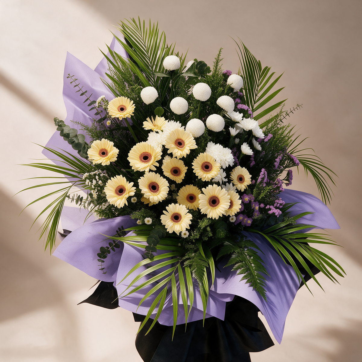 Close-up of the Serenity condolence flower stand of cream gerberas, white chrysanthemums and purple peacock
