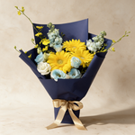 Soar fresh flower bouquet of yellow gerbera daisies, blue eustoma and dancing lady orchids