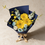Top view of the Soar bouquet of yellow gerberas, eustoma and matthiola