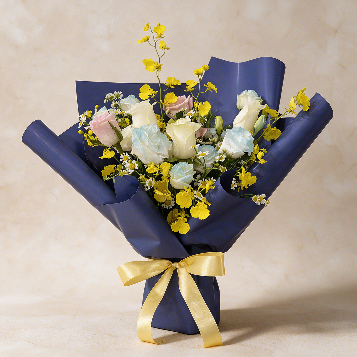 Starlight fresh flower bouquet of white roses with eustoma, mini daisies and yellow dancing lady orchids