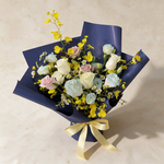 Top view of the Starlight fresh flower bouquet of white roses and dancing lady orchids