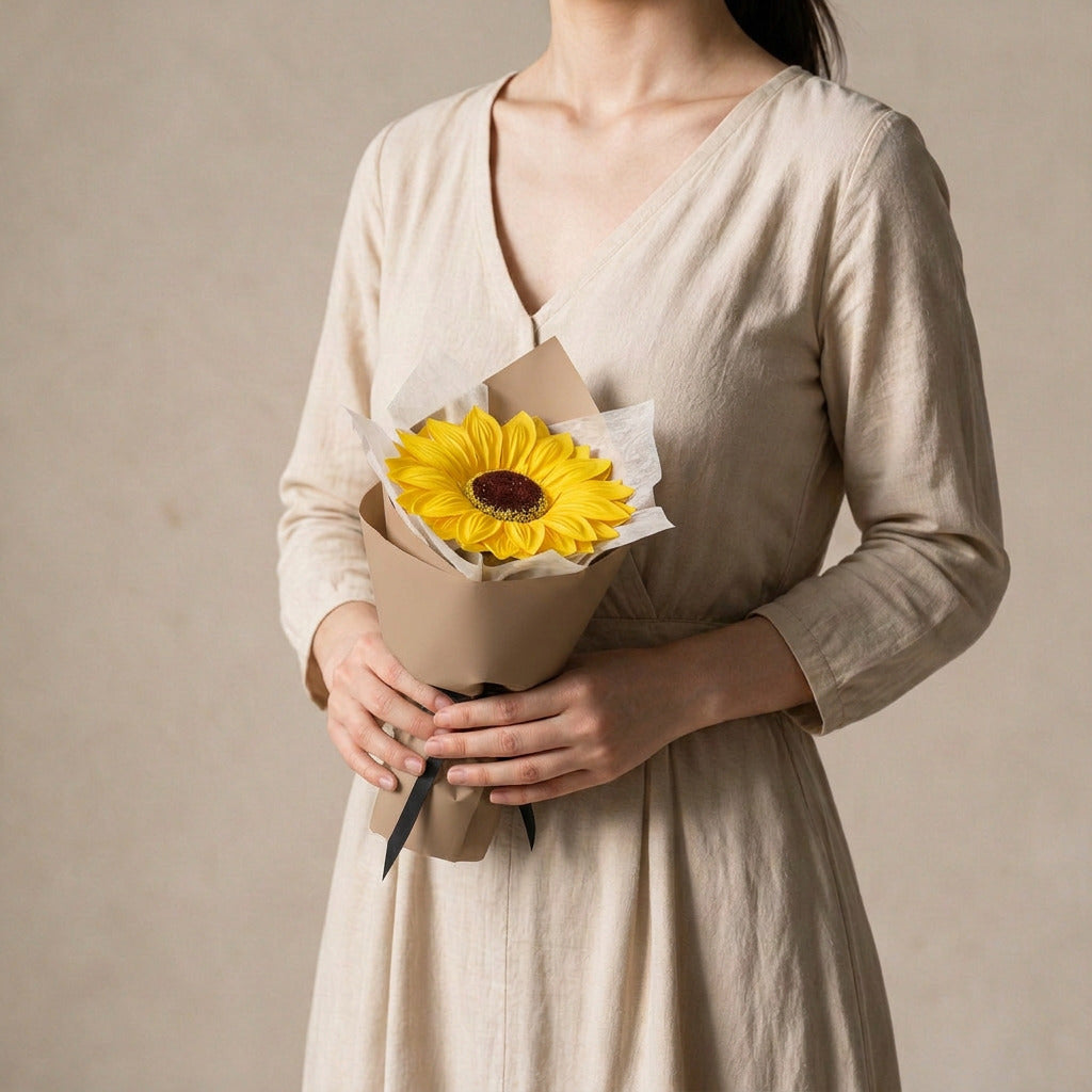 Woman holding the Sunbeam soap sunflower graduation bouquet