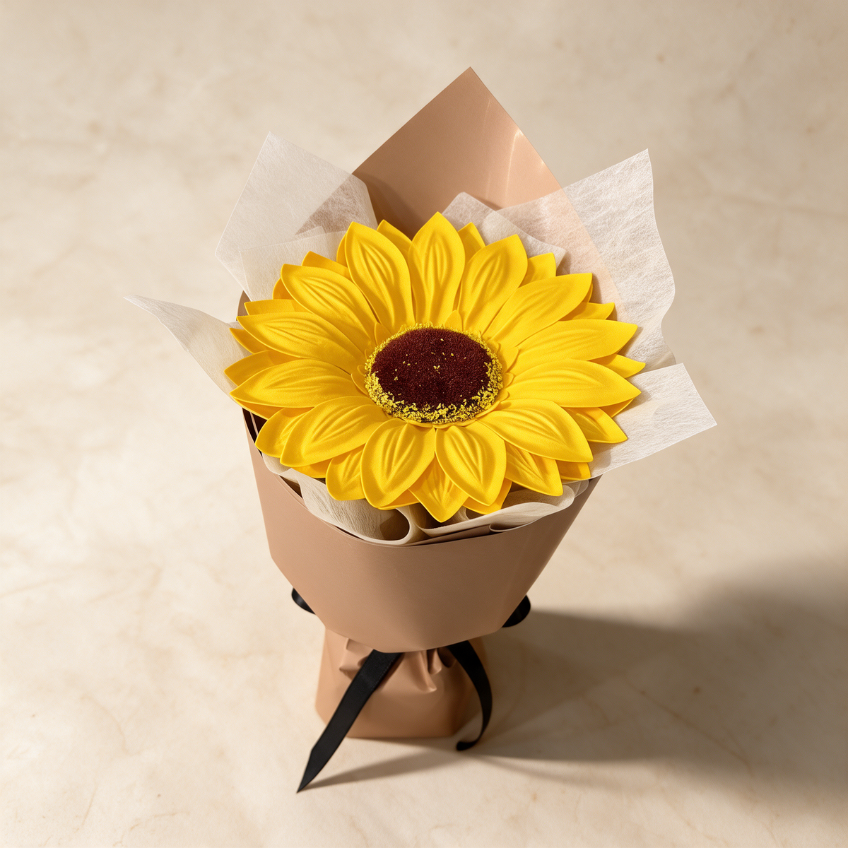 Top view of the Sunbeam soap sunflower bouquet