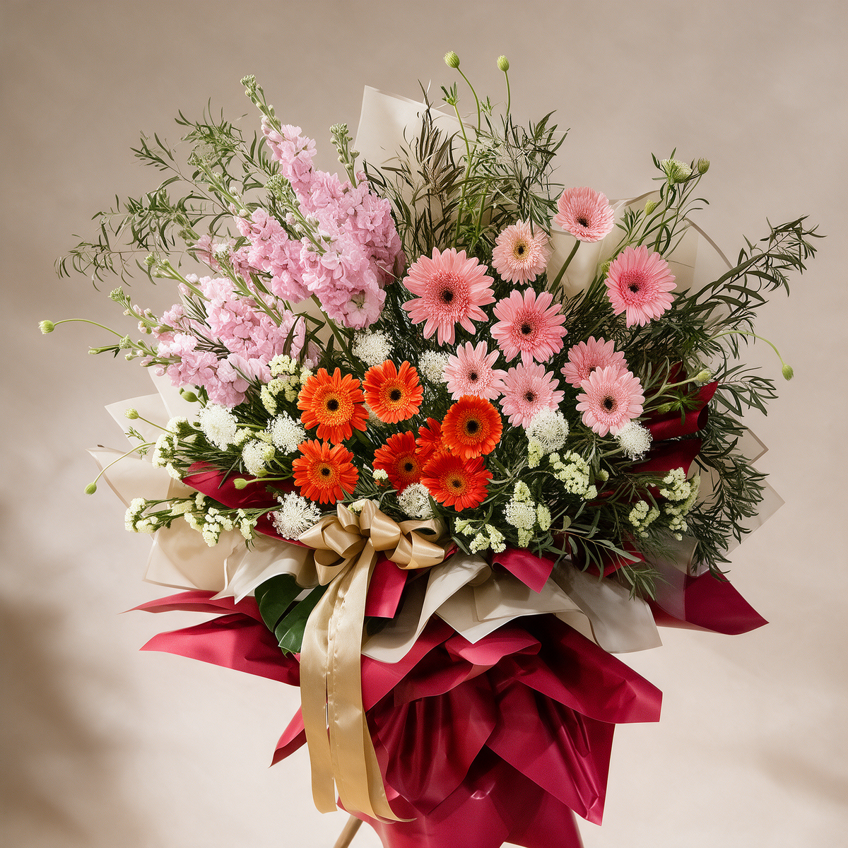 Close-up of the Thrive grand opening flower stand of pink and orange gerberas and matthiola