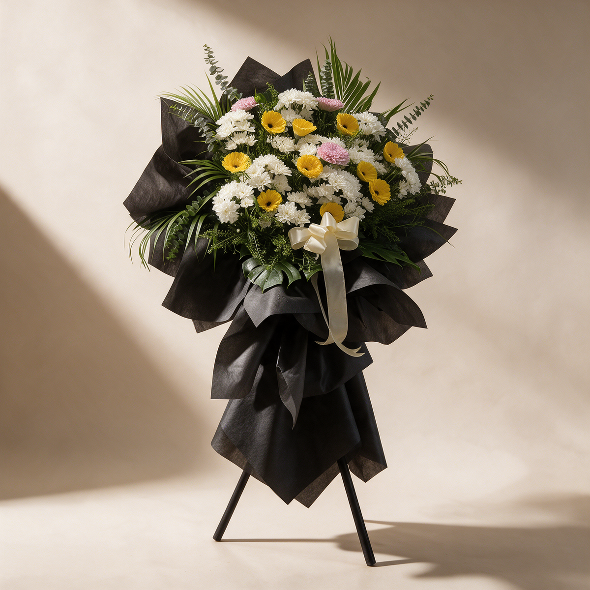 Side view of the Tranquil funeral flower stand of gerberas and chrysanthemums