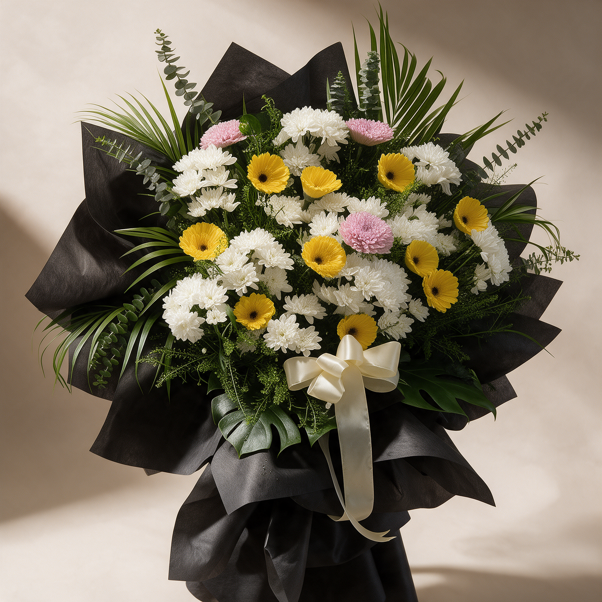 Close-up of the Tranquil condolence flower stand of yellow gerberas, white and pink chrysanthemums