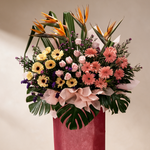 Close-up of the Triumph grand opening flower stand of bird of paradise and gerberas