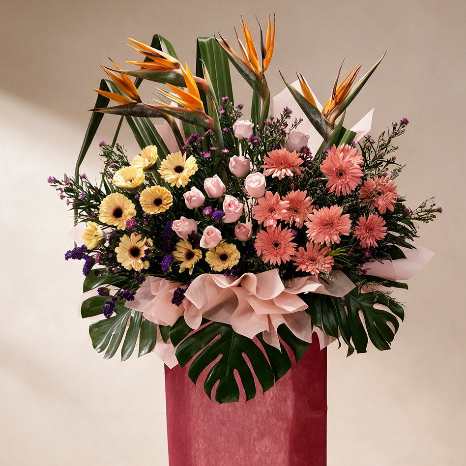 Close-up of the Triumph grand opening flower stand of bird of paradise and gerberas